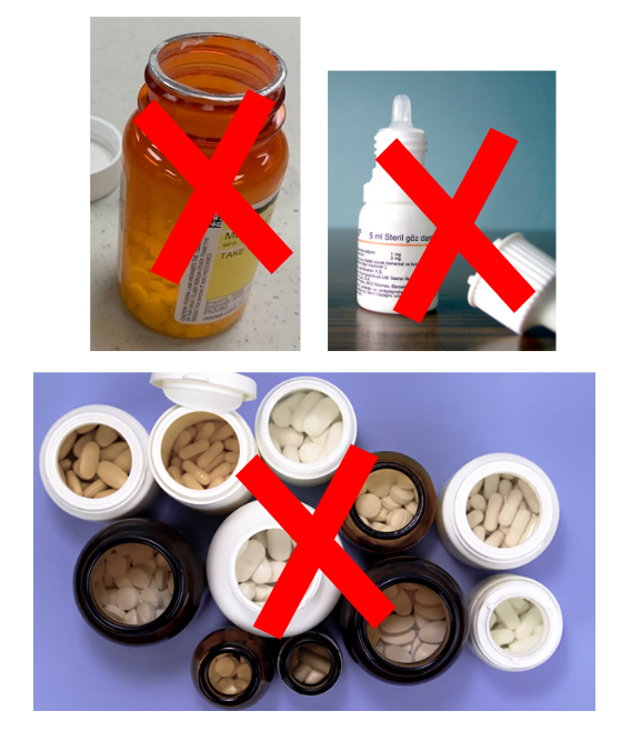 Examples of medication packaging that cannot be accepted